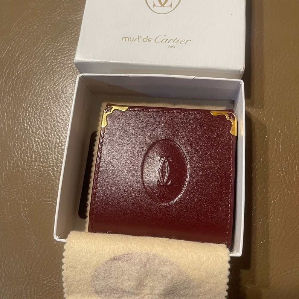 Cartier Burgundy Leather Money Clip with Gold Accents